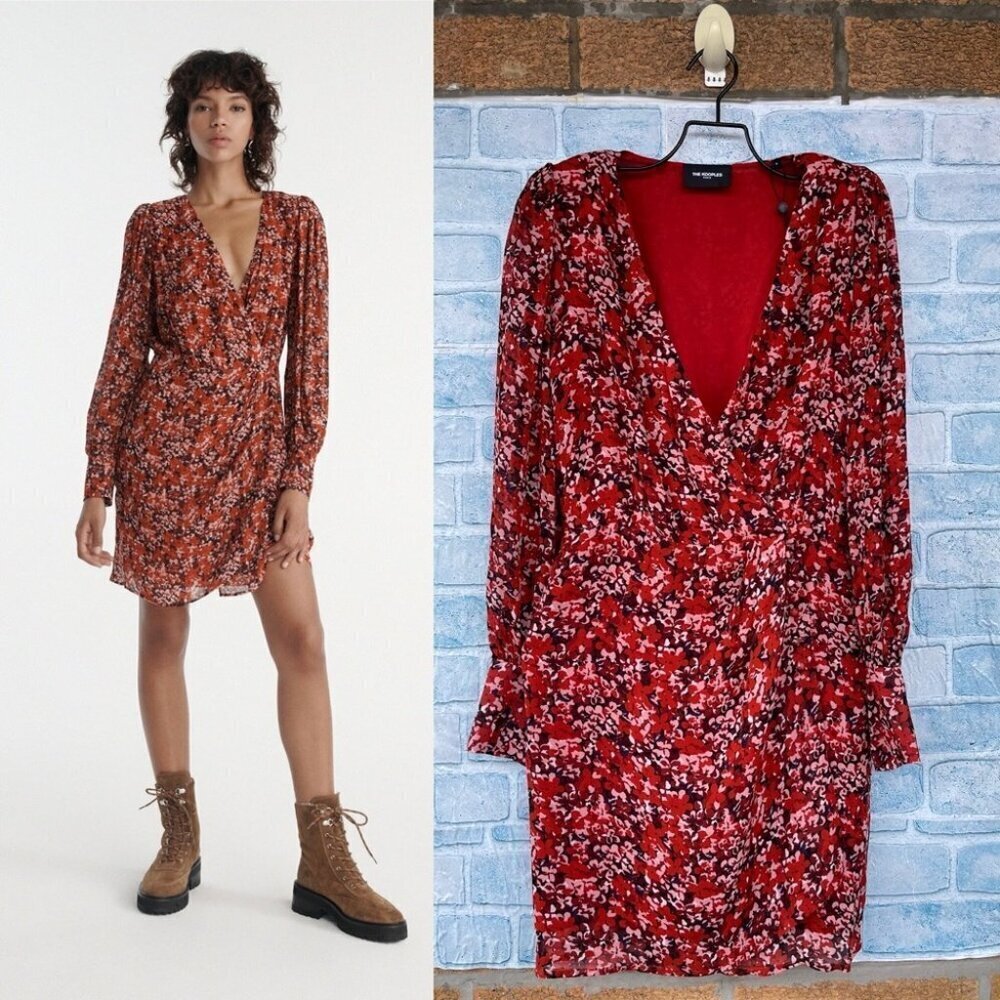 THE KOOPLES FLOWING RED DRESS WITH FLORAL MOTIF SIZE 0